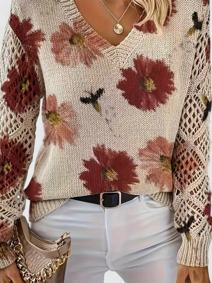 LOVENA | elegant sweater with floral pattern, full sleeves, feminine cut