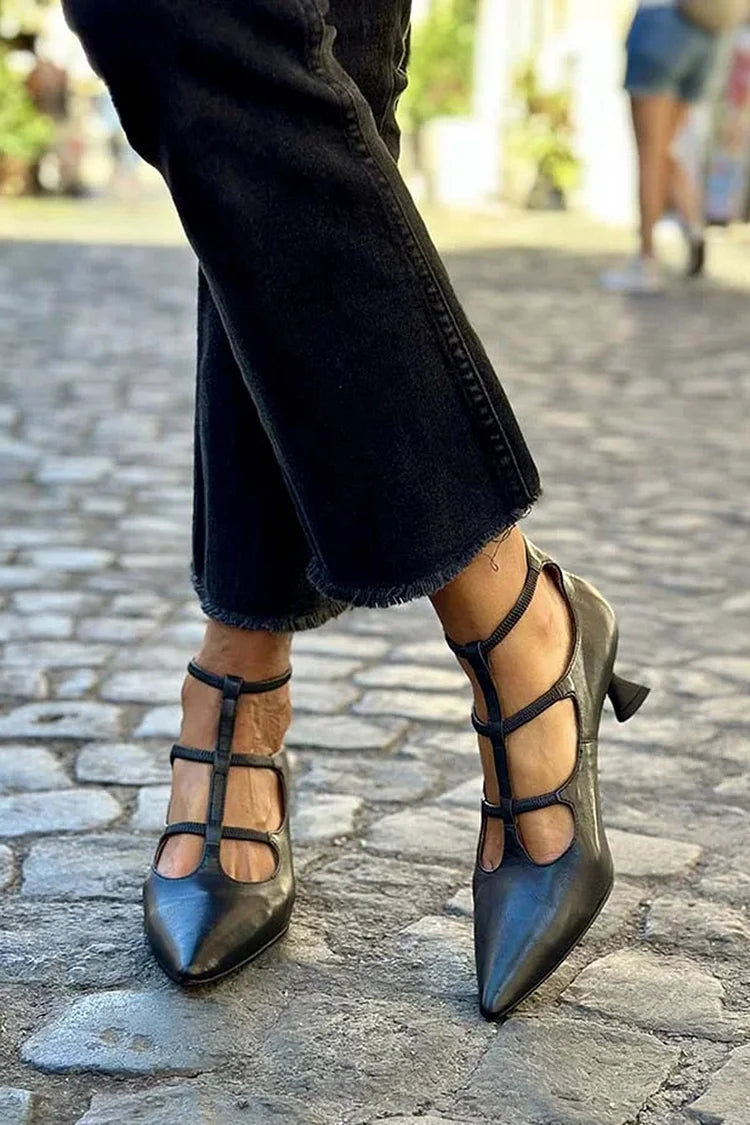 OLIVIA™ | Black stiletto heels with crossed straps and pointed toe 