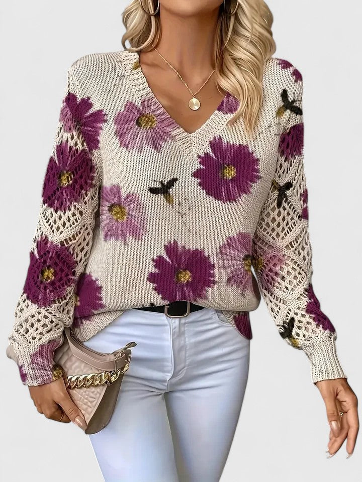 LOVENA | elegant sweater with floral pattern, full sleeves, feminine cut