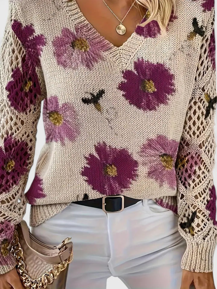 LOVENA | elegant sweater with floral pattern, full sleeves, feminine cut