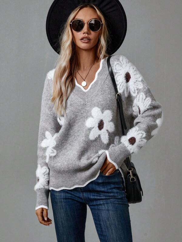 ZORA™ | Elegant floral V-neck sweater
