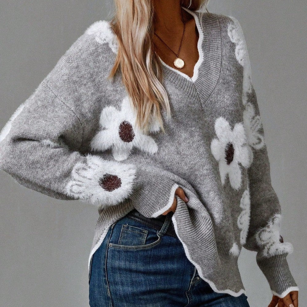 ZORA™ | Elegant floral V-neck sweater