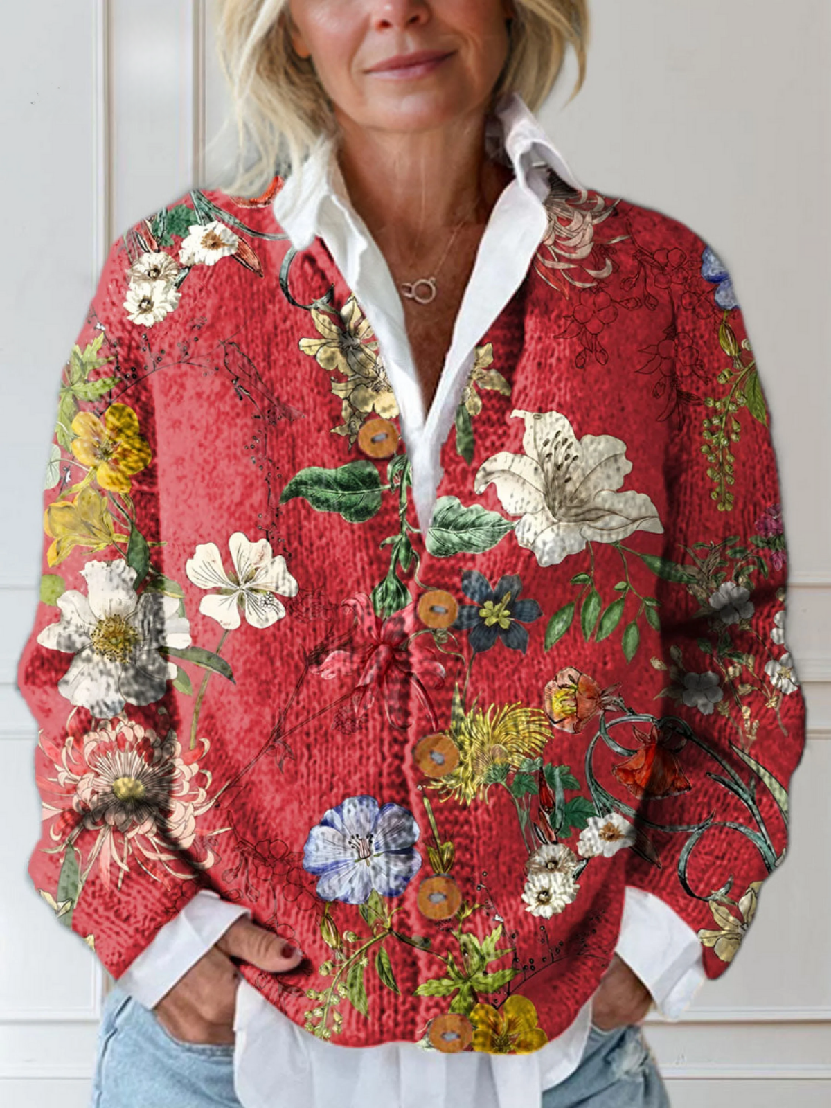 Gilet boutonné à imprimé floral vintage pour femme