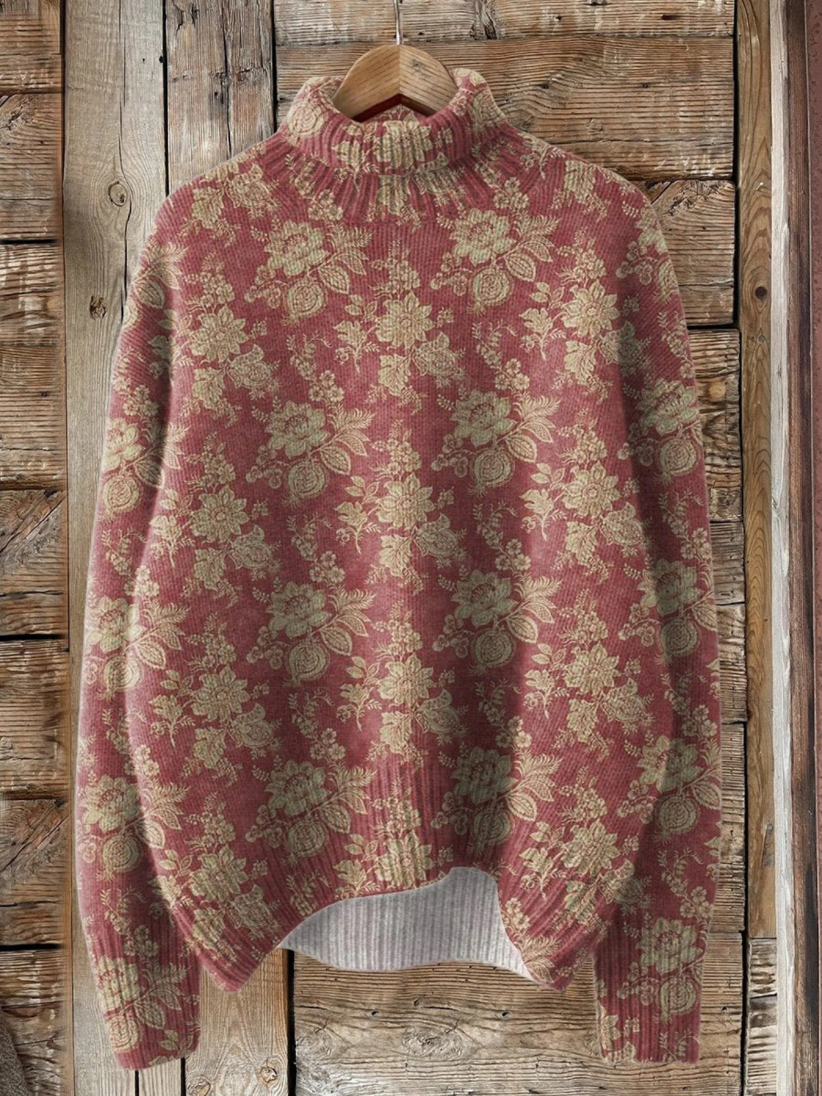 Rose | Pull à col roulé imprimé rose rétro