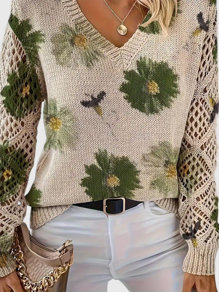 LOVENA | elegant sweater with floral pattern, full sleeves, feminine cut