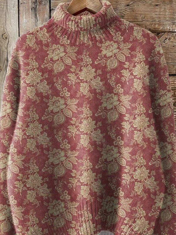 Rose | Pull à col roulé imprimé rose rétro