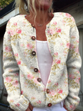Gilet boutonné imprimé de fleurs roses fraîches et de feuilles vertes