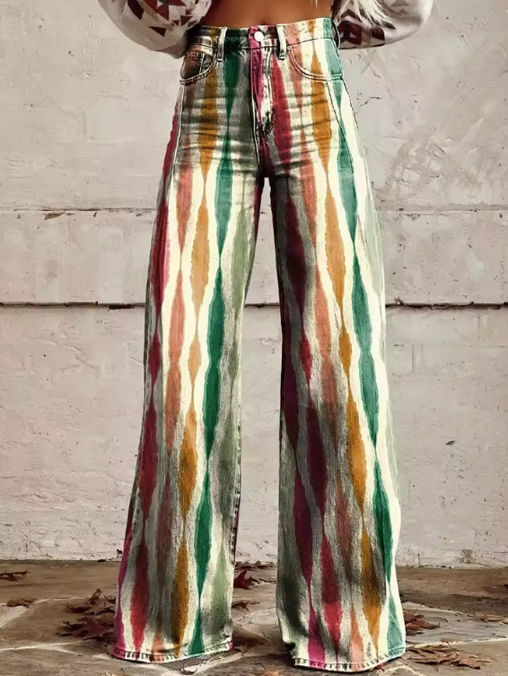 Diana™ | Wide-leg pants with a wavy pattern in natural tones