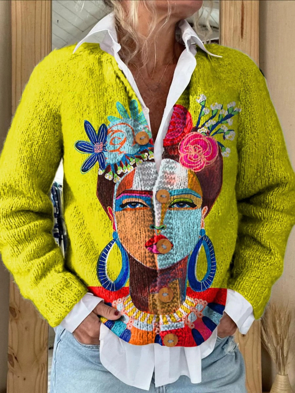 Peinture à l'huile Freda Portrait Art Print | Gilet boutonné