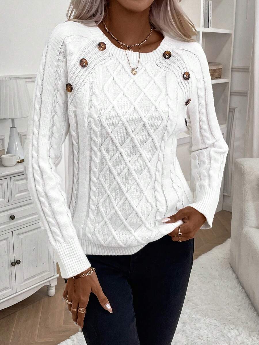 Clara - Button-Detail Cable Knit Jumper 