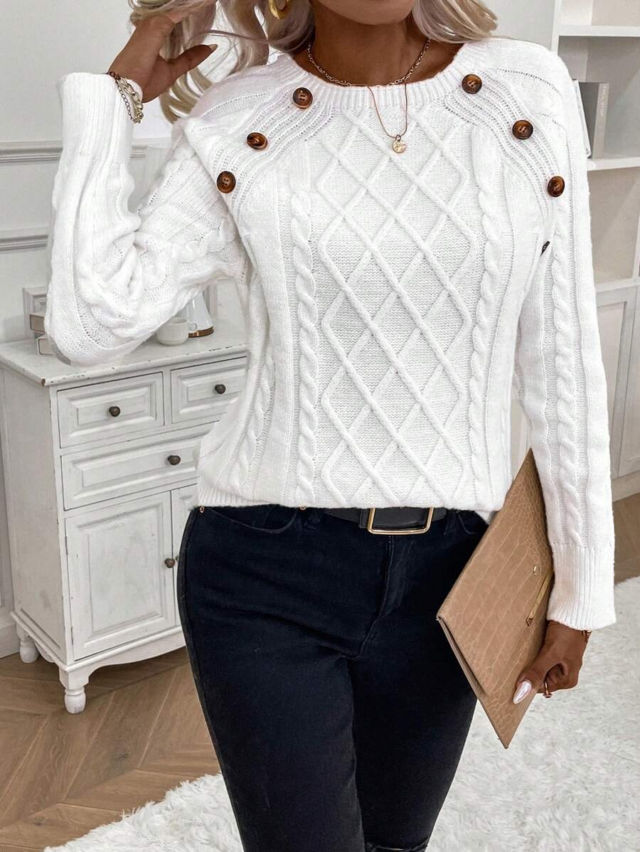 Clara - Button-Detail Cable Knit Jumper 