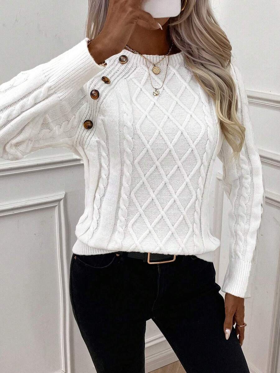 Clara - Button-Detail Cable Knit Jumper 
