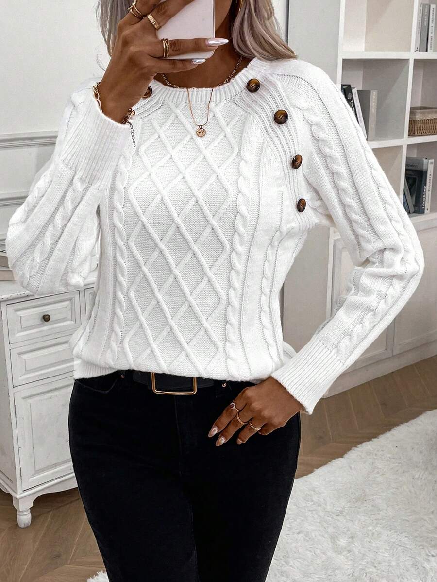 Clara - Button-Detail Cable Knit Jumper 