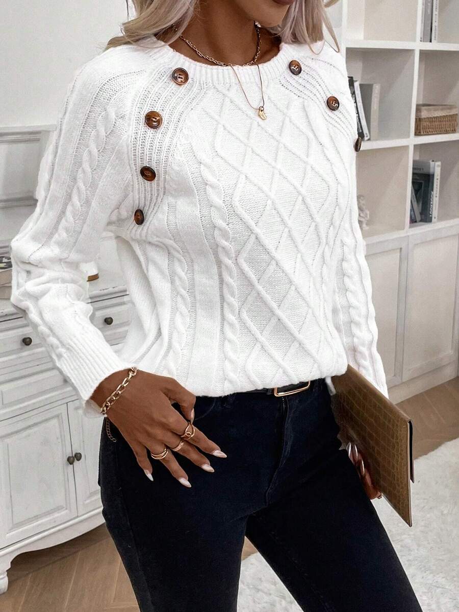 Clara - Button-Detail Cable Knit Jumper 