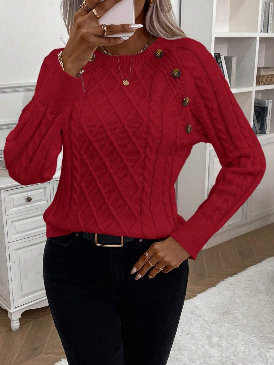 Clara - Button-Detail Cable Knit Jumper 