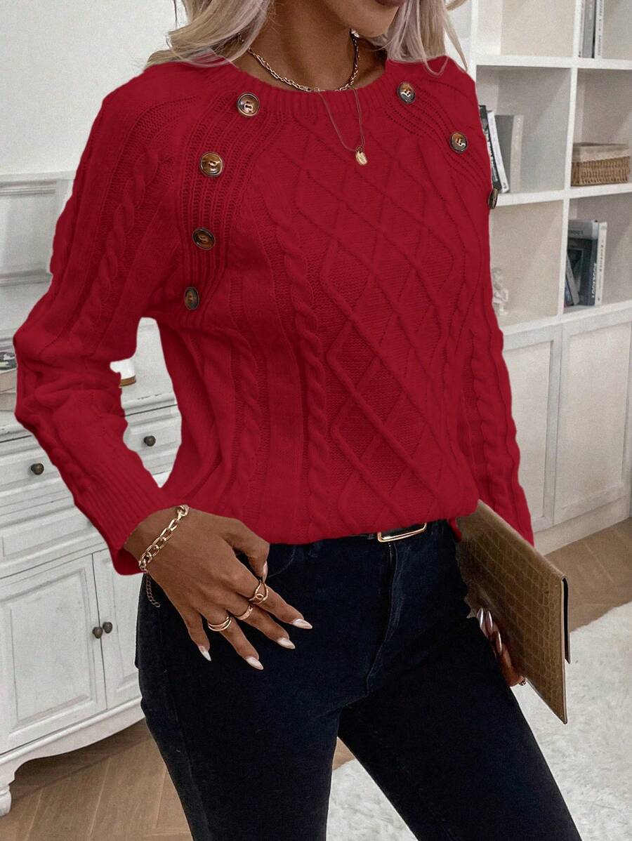 Clara - Button-Detail Cable Knit Jumper 
