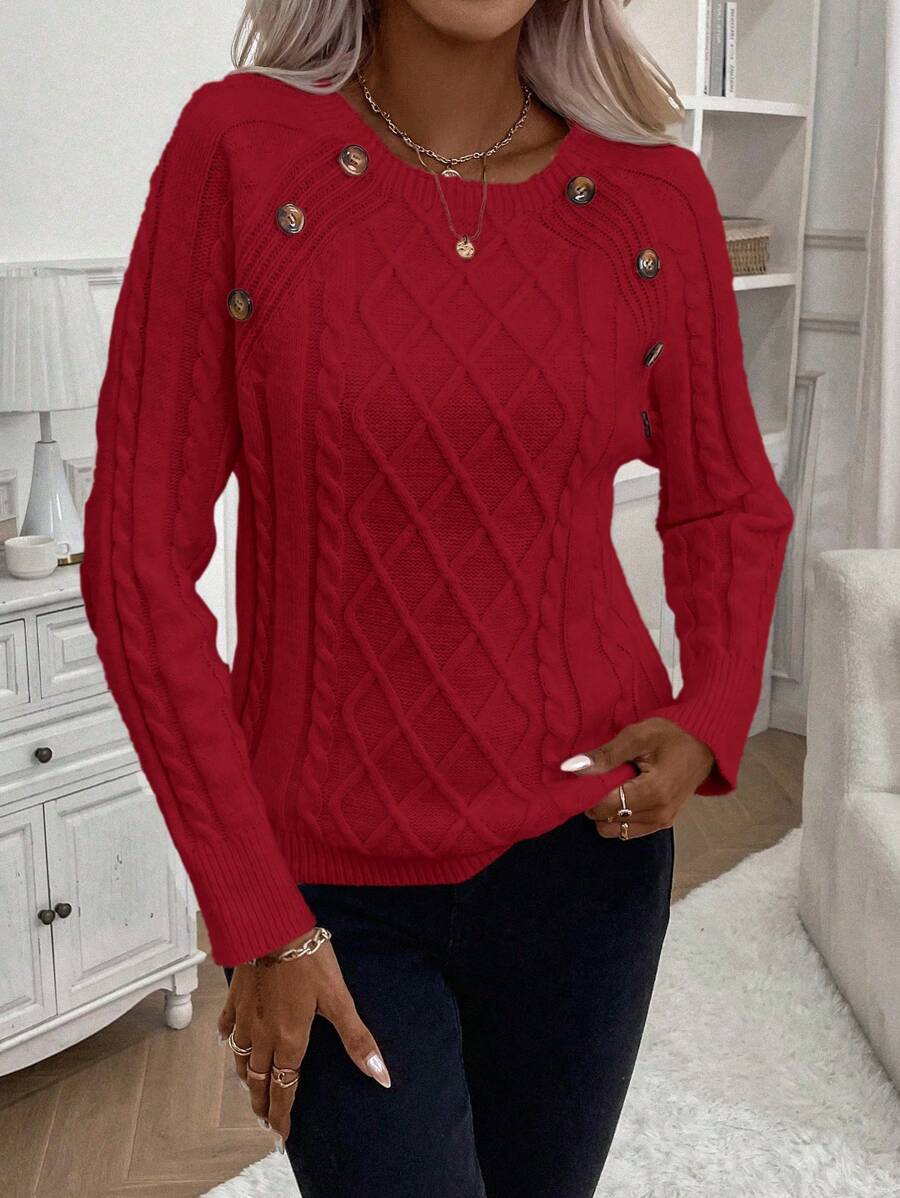 Clara - Button-Detail Cable Knit Jumper 
