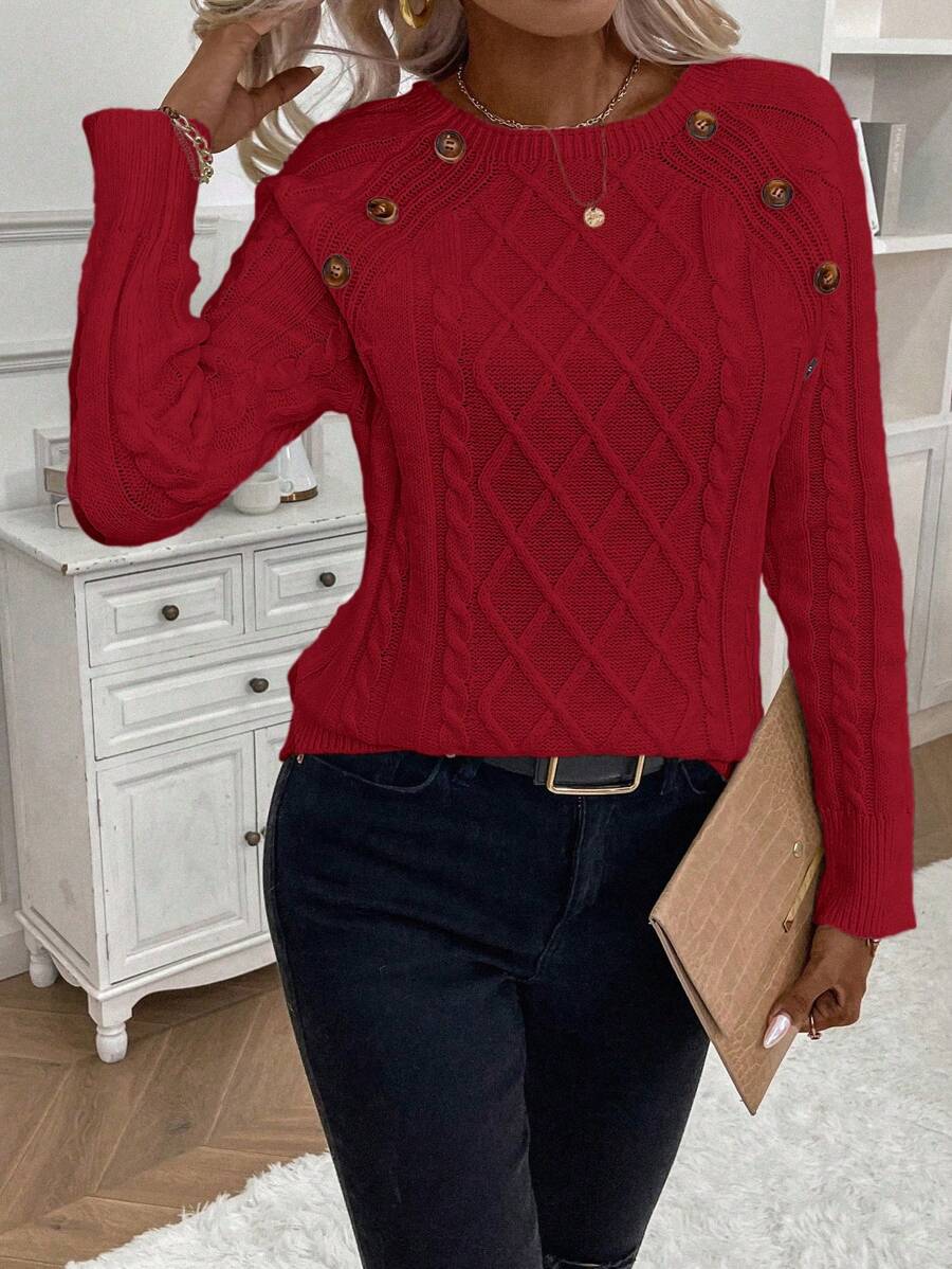 Clara - Button-Detail Cable Knit Jumper 