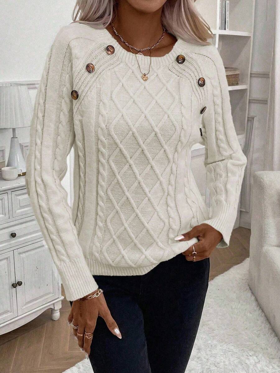 Clara - Button-Detail Cable Knit Jumper 