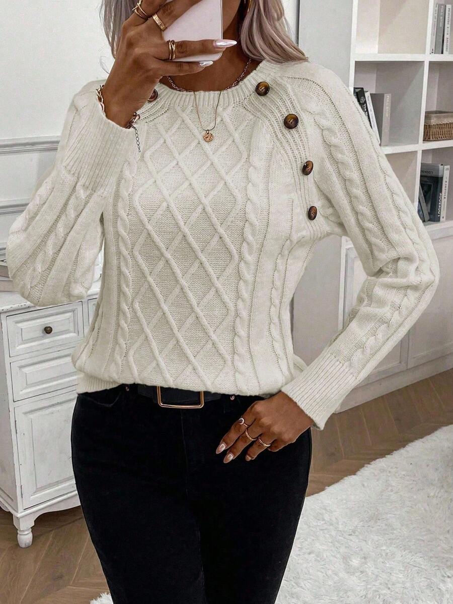 Clara - Button-Detail Cable Knit Jumper 