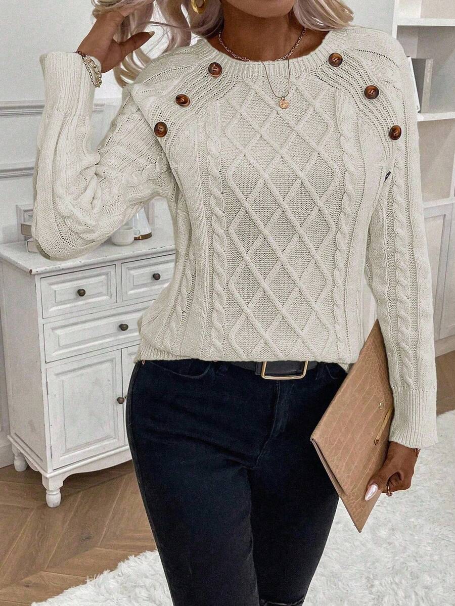 Clara - Button-Detail Cable Knit Jumper 
