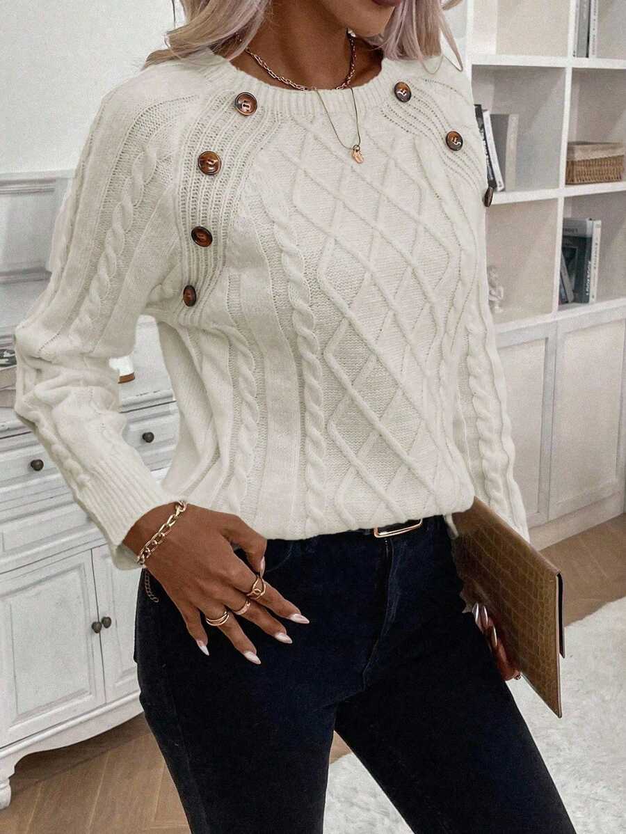 Clara - Button-Detail Cable Knit Jumper 