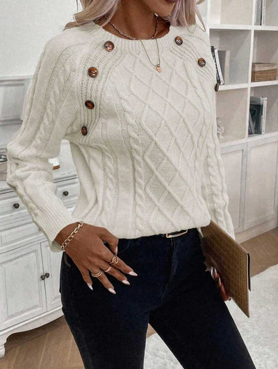 Clara - Button-Detail Cable Knit Jumper 