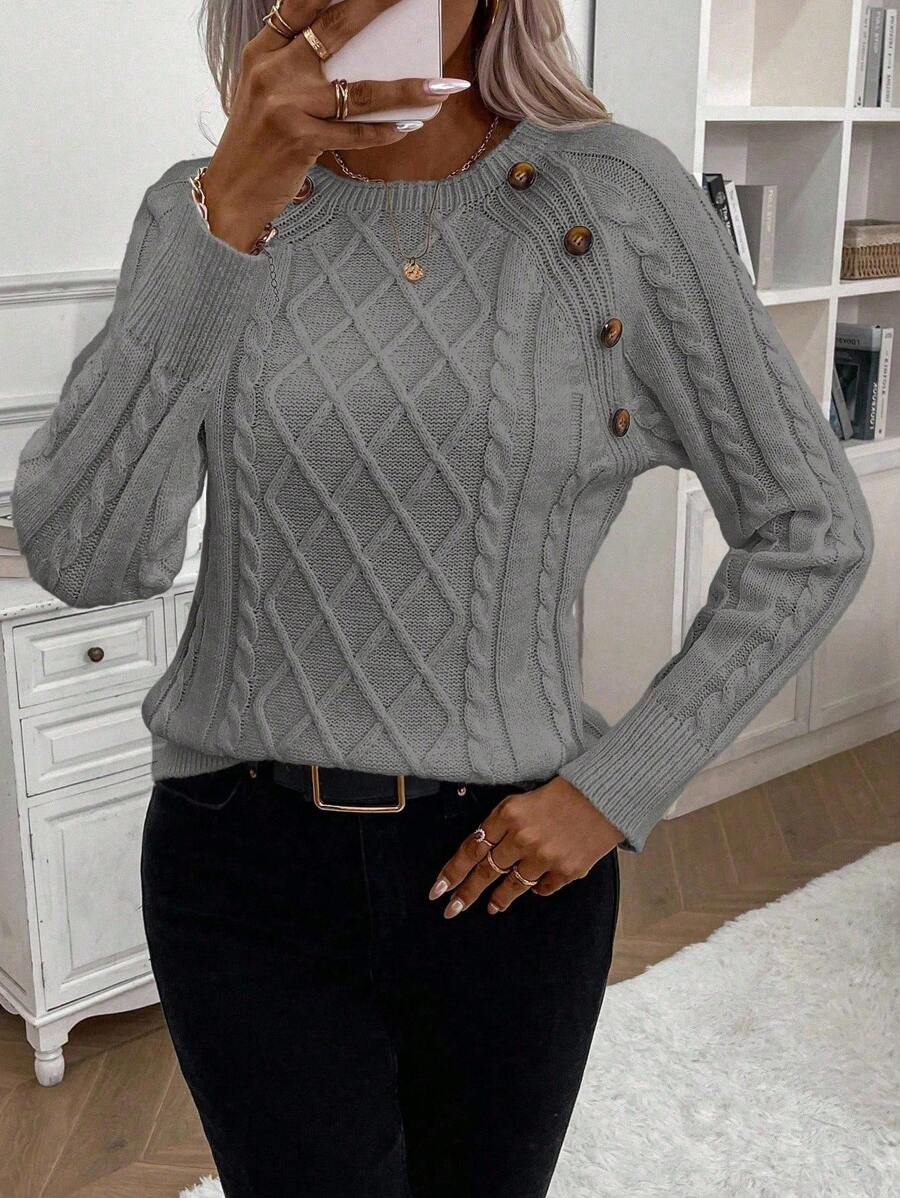 Clara - Button-Detail Cable Knit Jumper 