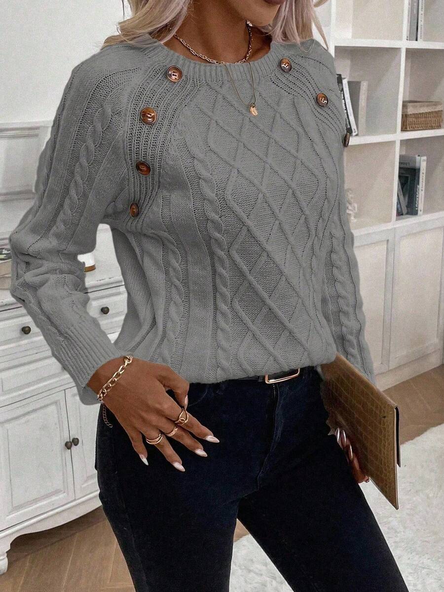 Clara - Button-Detail Cable Knit Jumper 