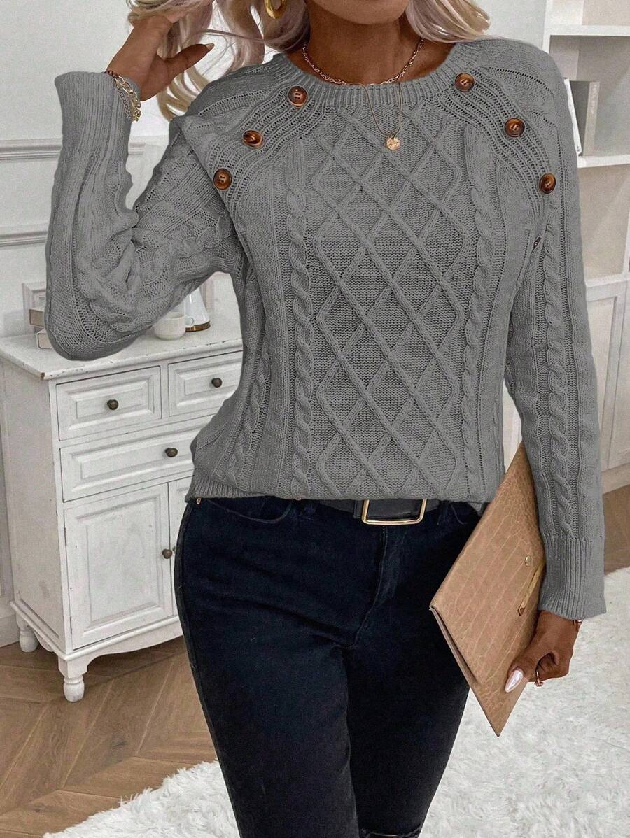 Clara - Button-Detail Cable Knit Jumper 