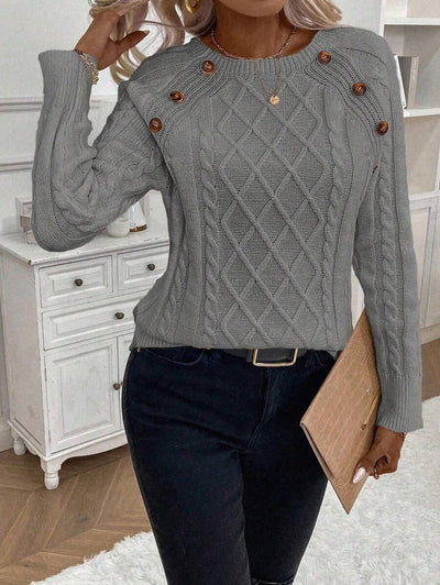 Clara - Button-Detail Cable Knit Jumper 