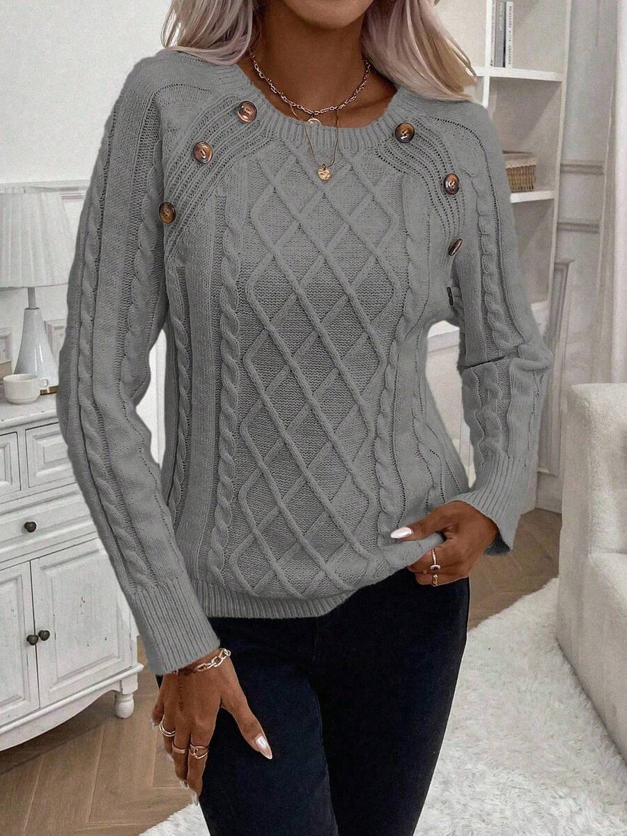 Clara - Button-Detail Cable Knit Jumper 