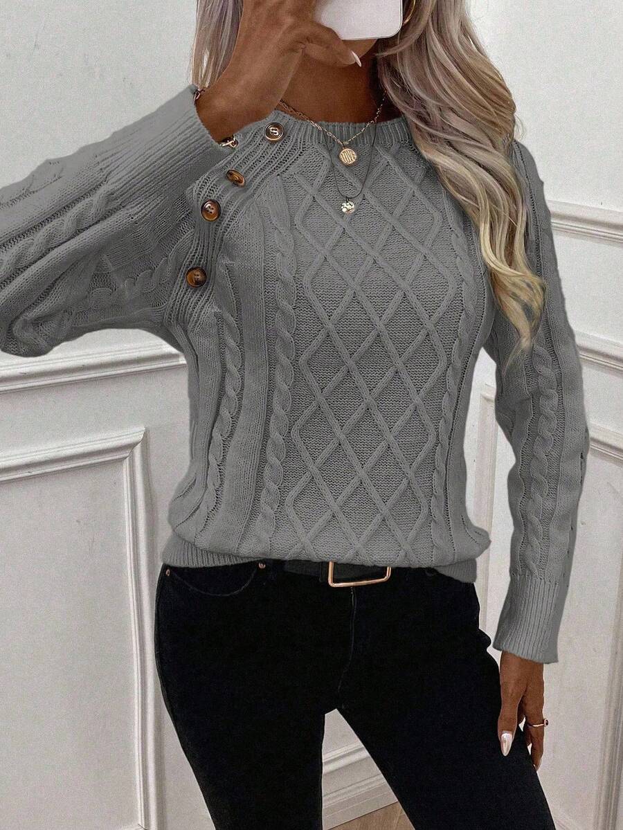 Clara - Button-Detail Cable Knit Jumper 