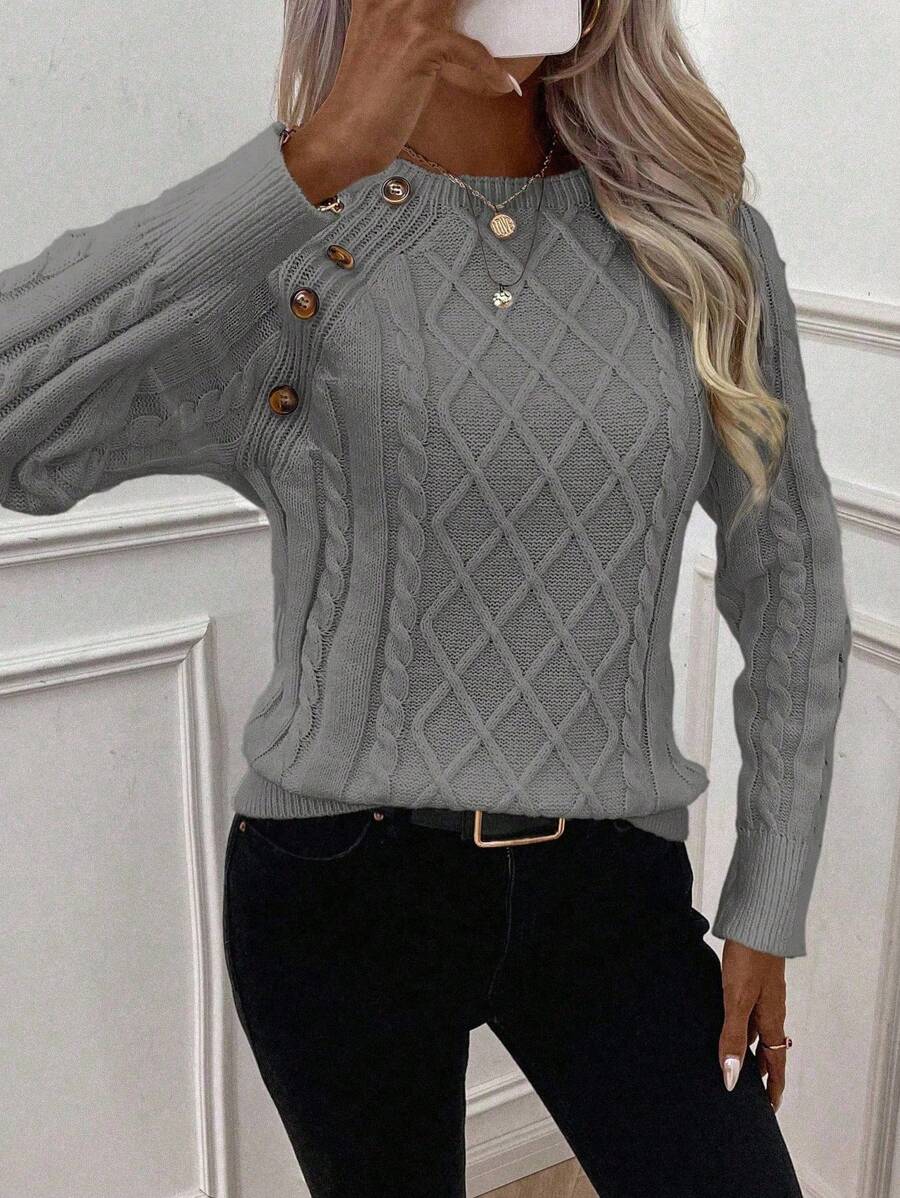 Clara - Button-Detail Cable Knit Jumper 