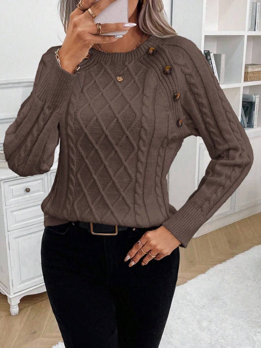 Clara - Button-Detail Cable Knit Jumper 