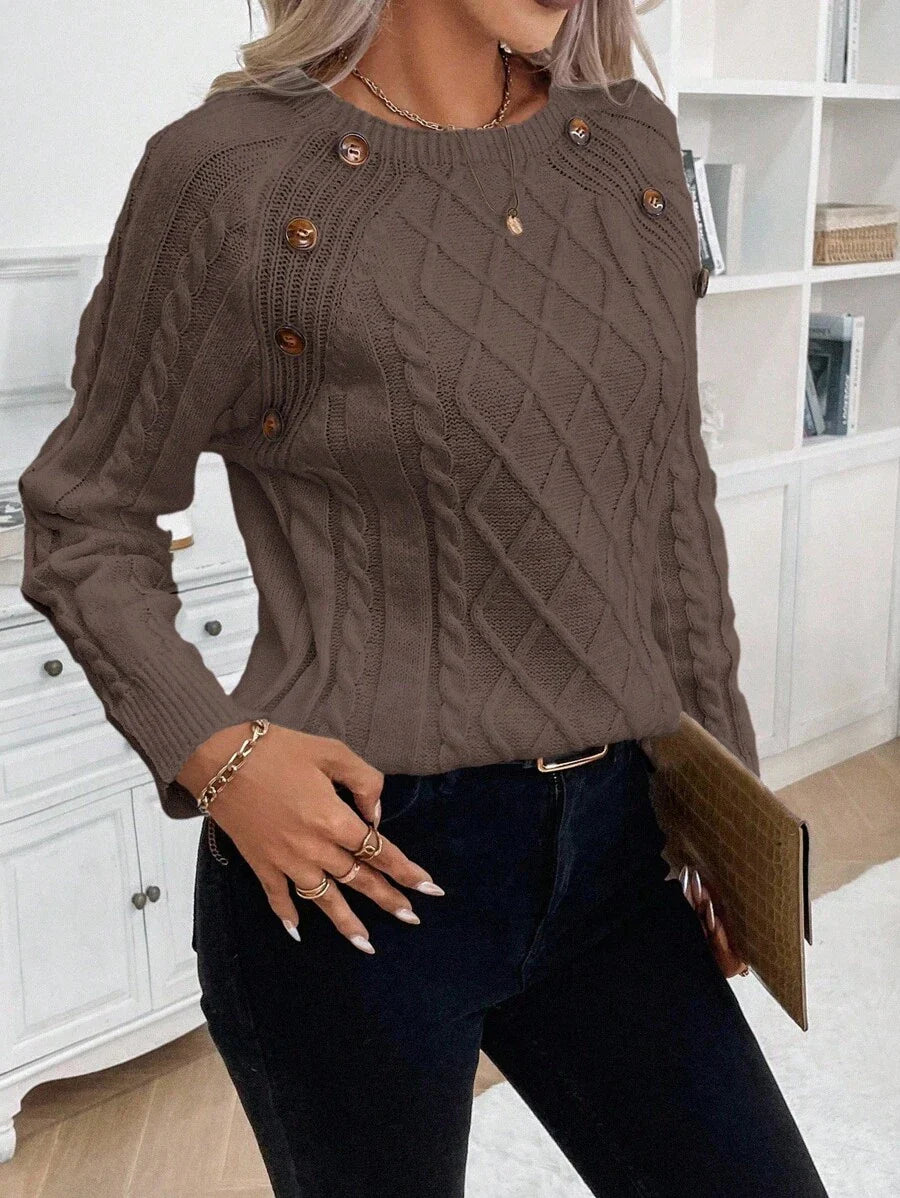 Clara - Button-Detail Cable Knit Jumper 