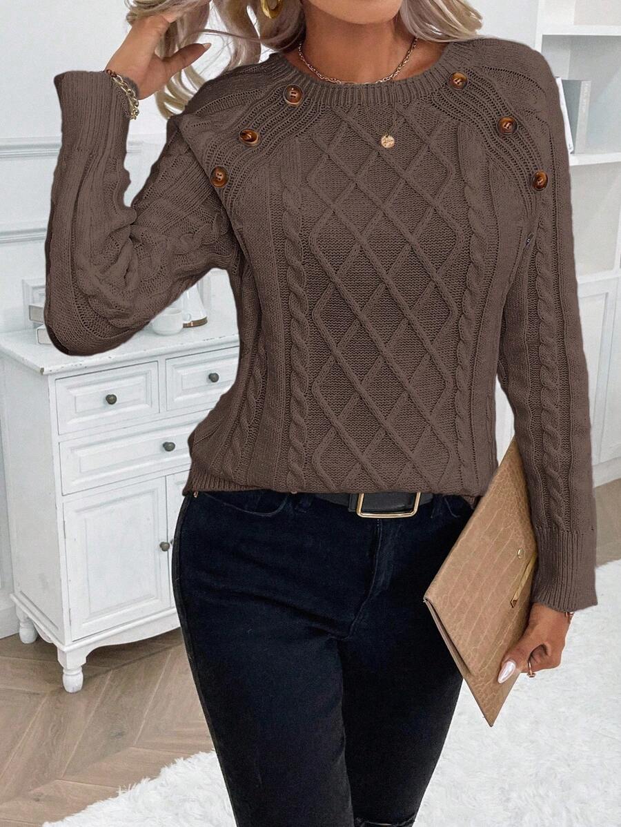 Clara - Button-Detail Cable Knit Jumper 