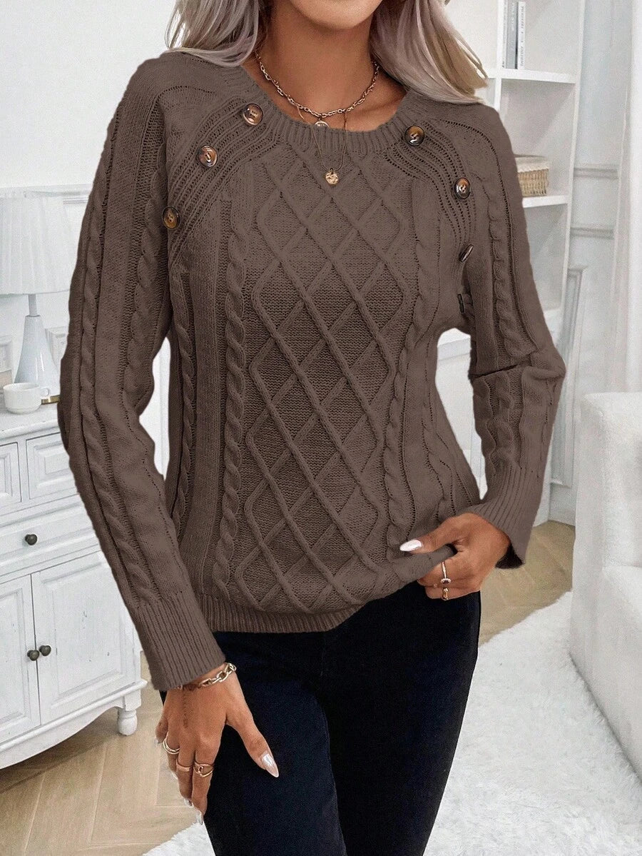 Clara - Button-Detail Cable Knit Jumper 