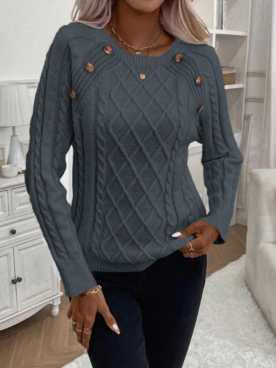 Clara - Button-Detail Cable Knit Jumper 