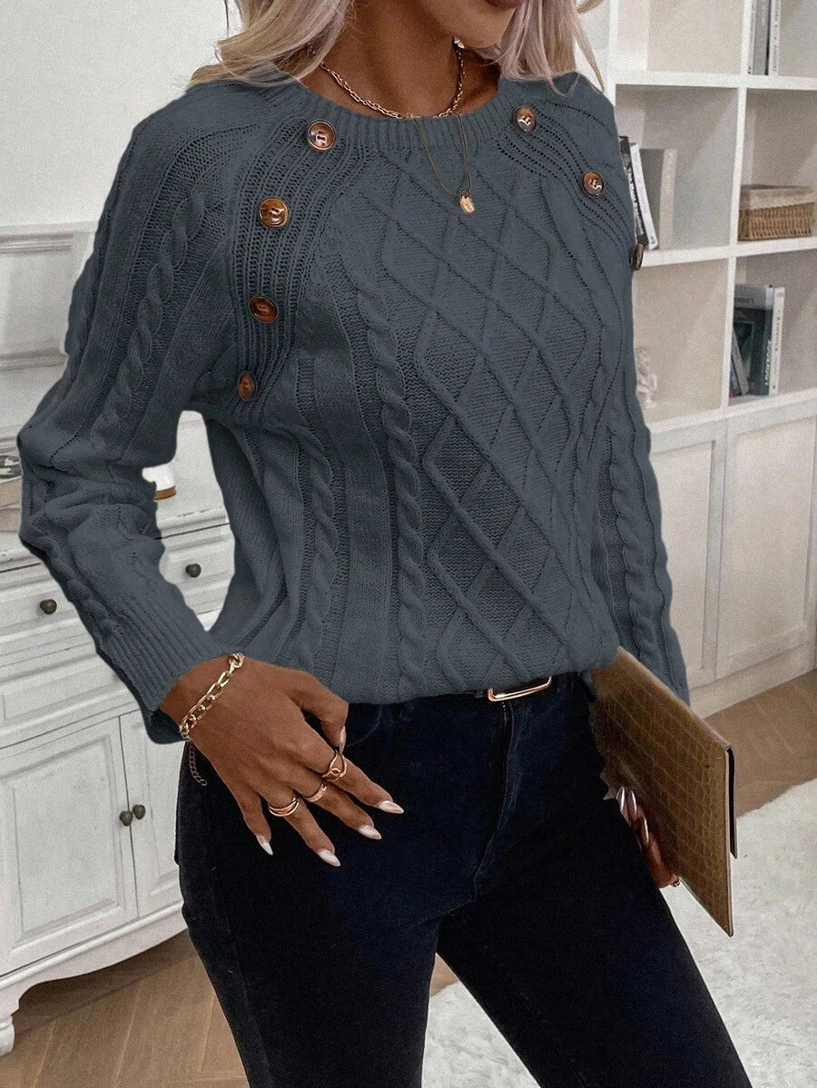 Clara - Button-Detail Cable Knit Jumper 