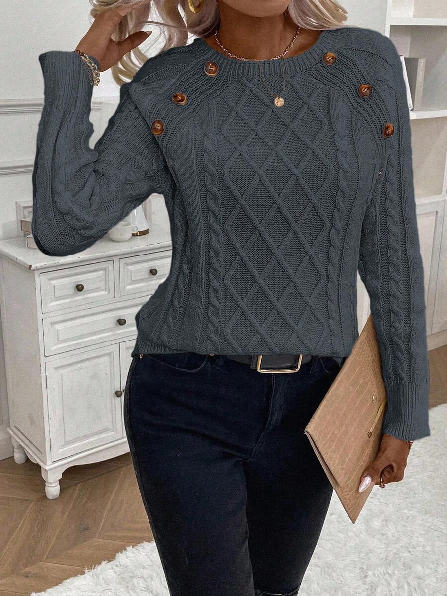 Clara - Button-Detail Cable Knit Jumper 