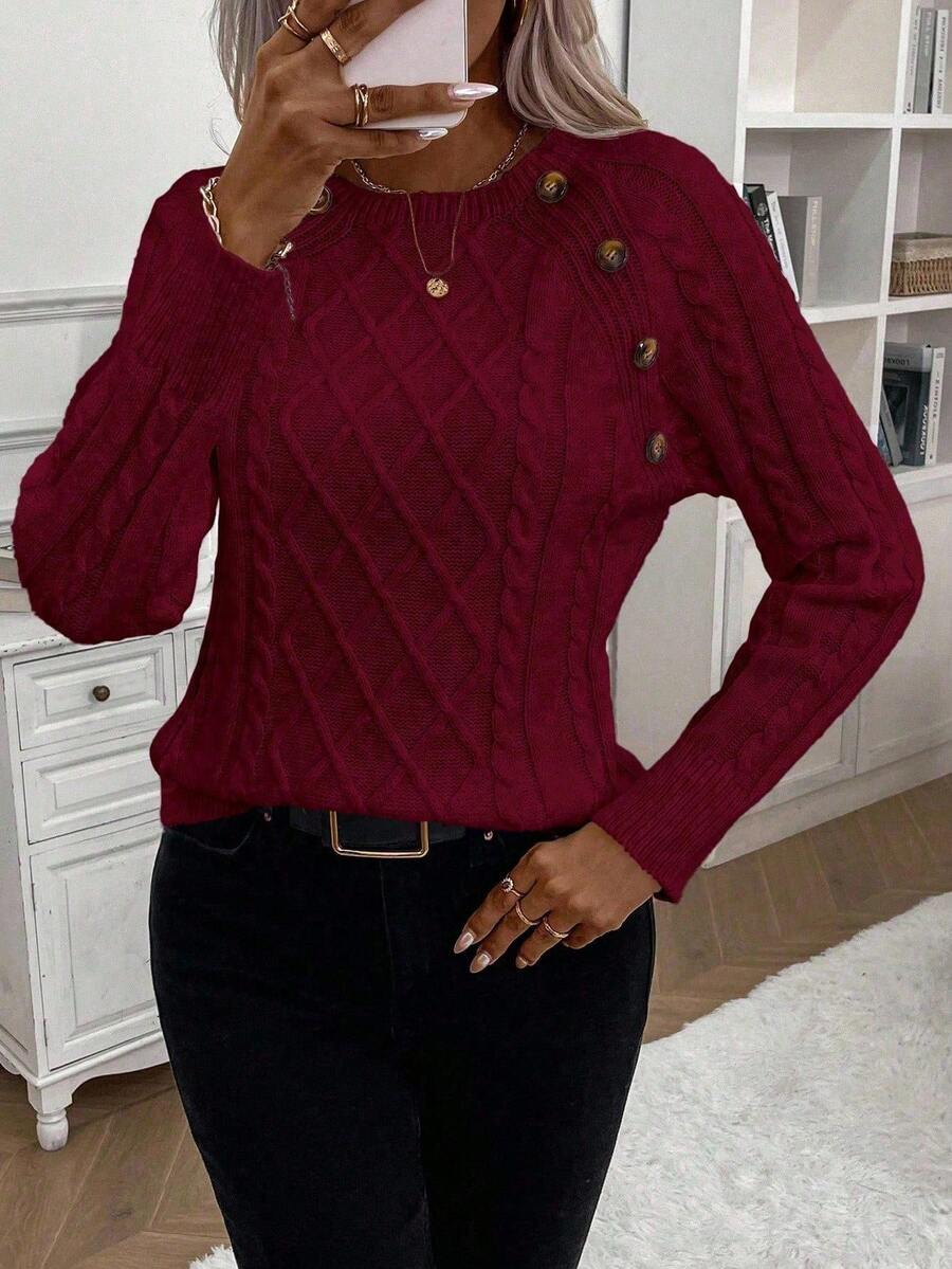 Clara - Button-Detail Cable Knit Jumper 