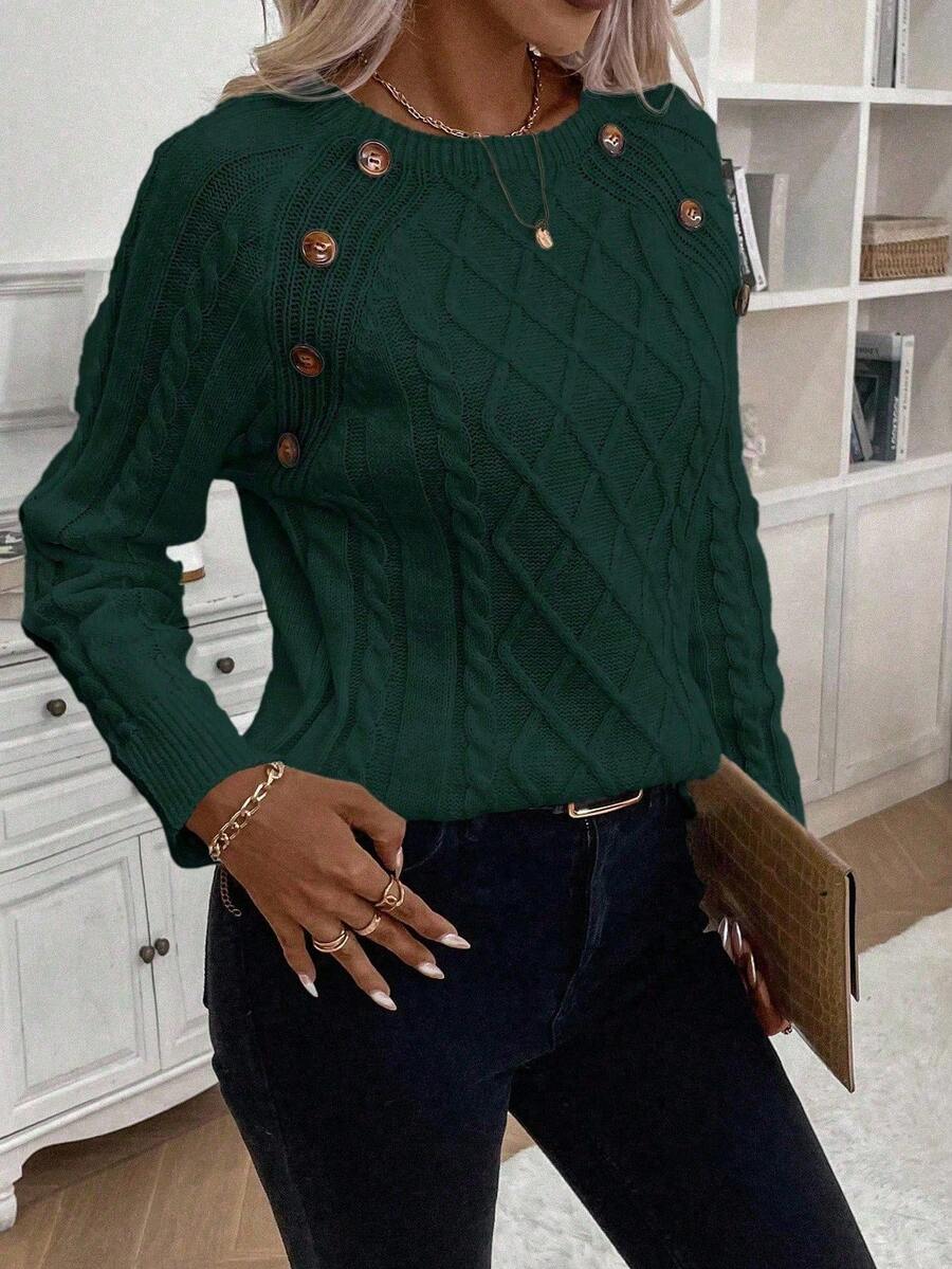 Clara - Button-Detail Cable Knit Jumper 