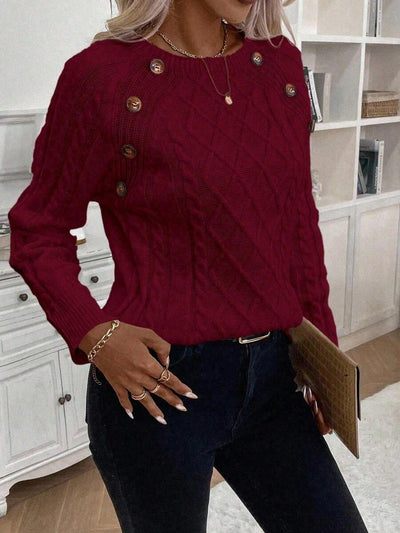 Clara - Button-Detail Cable Knit Jumper 