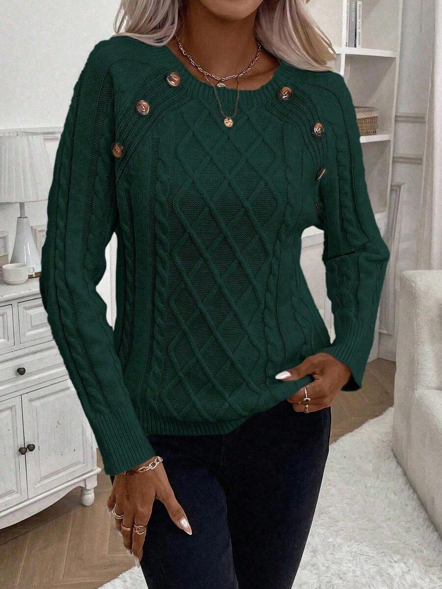 Clara - Button-Detail Cable Knit Jumper 