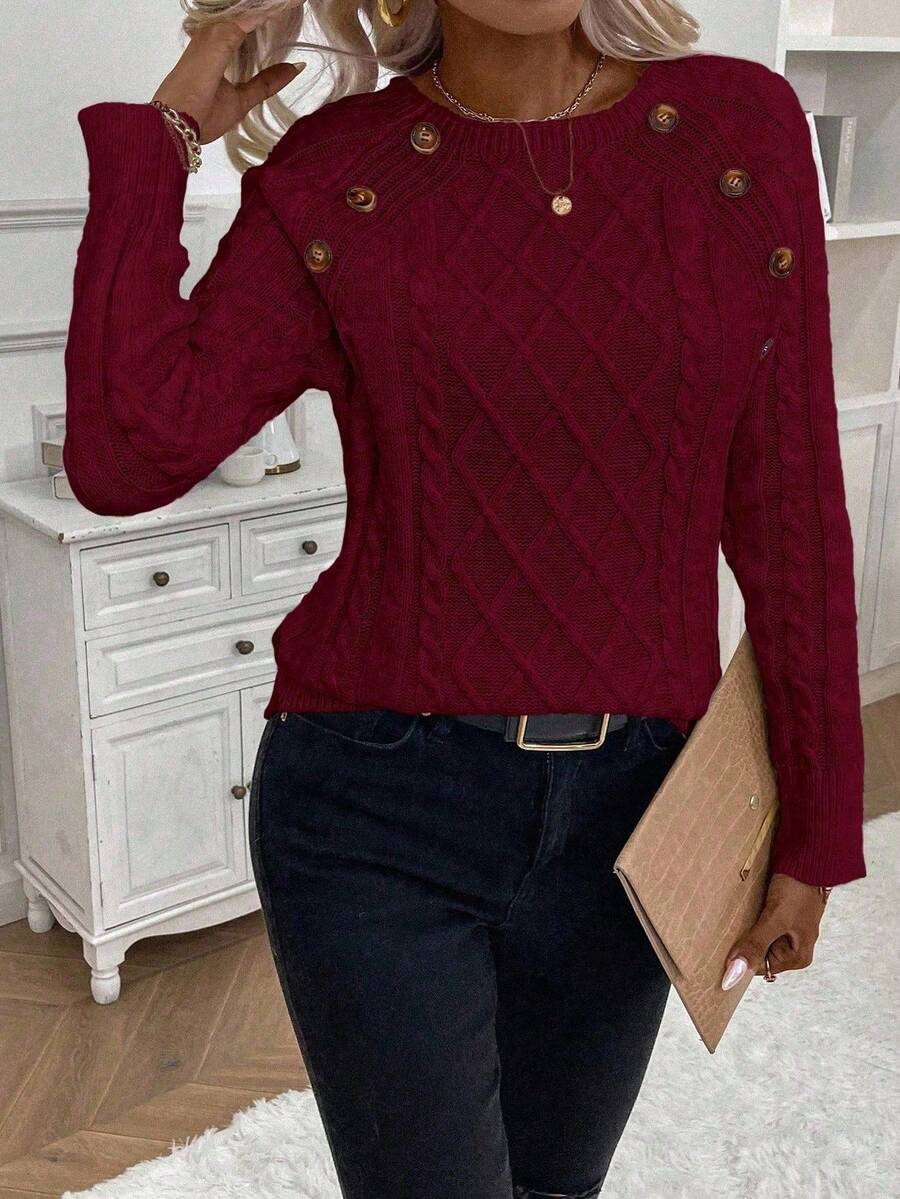 Clara - Button-Detail Cable Knit Jumper 