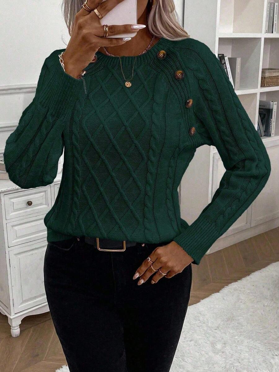 Clara - Button-Detail Cable Knit Jumper 