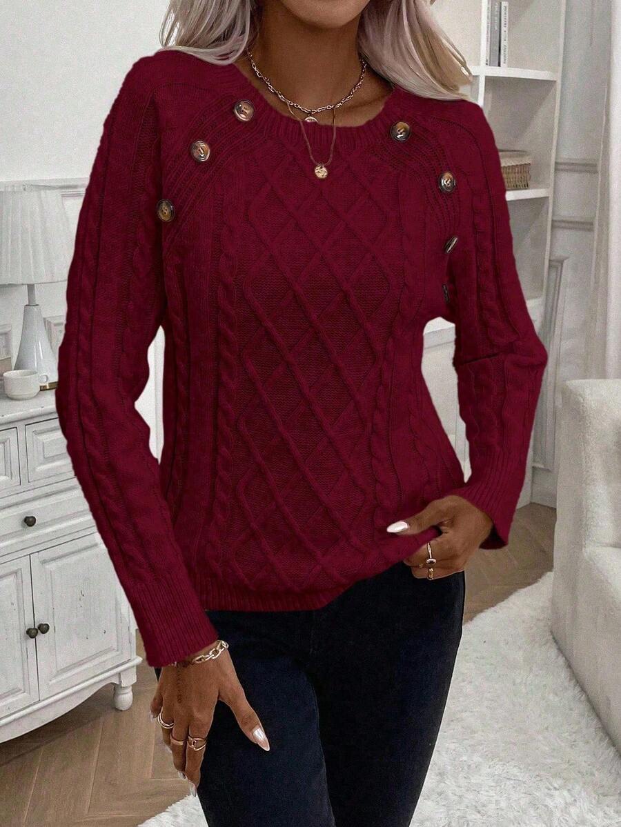 Clara - Button-Detail Cable Knit Jumper 
