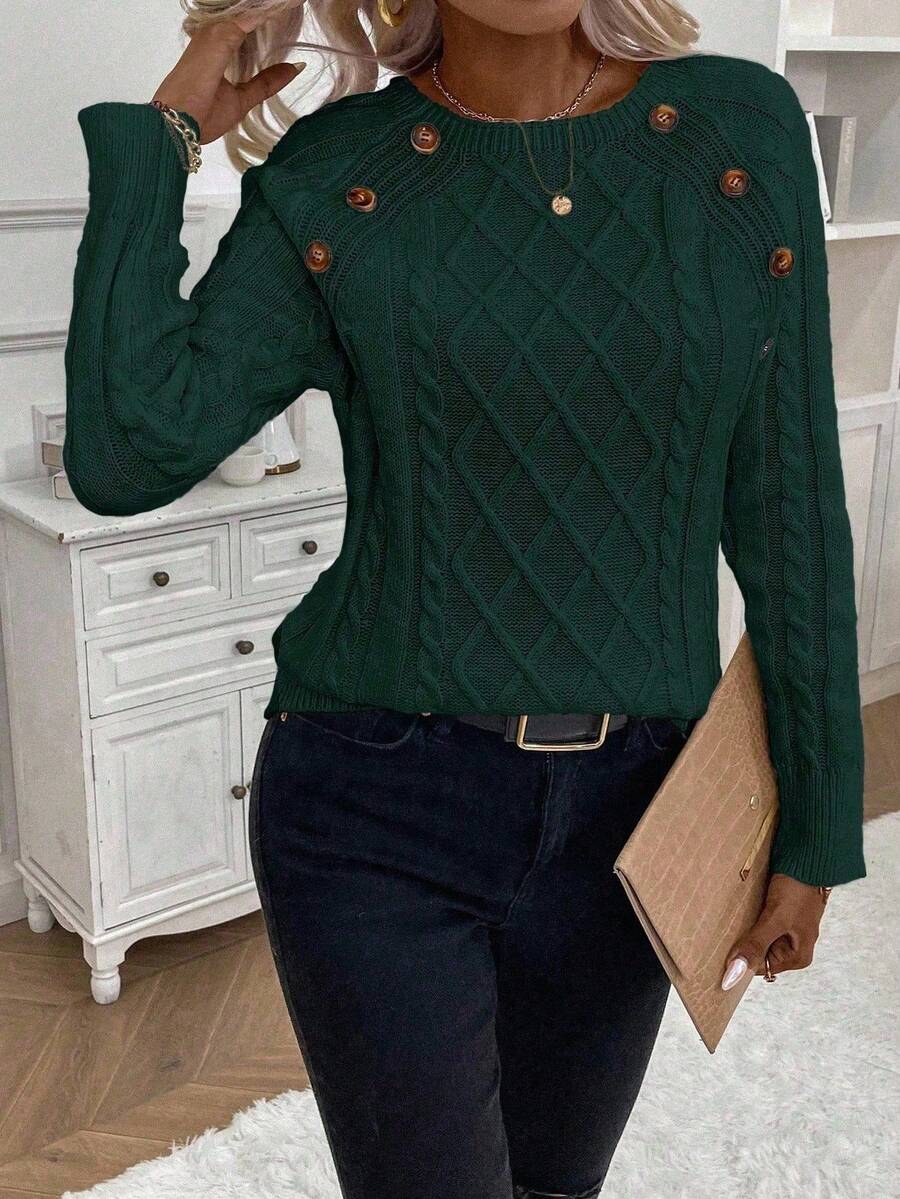 Clara - Button-Detail Cable Knit Jumper 