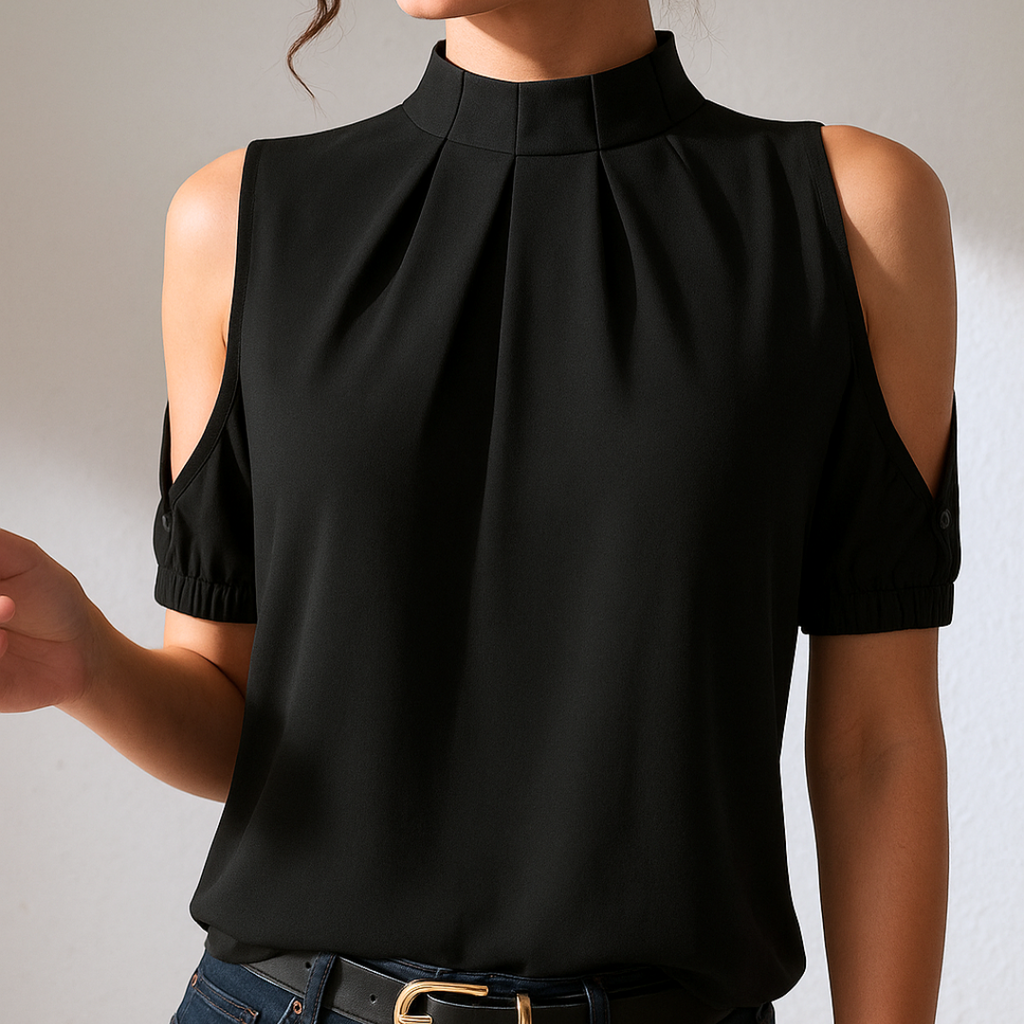 Inge™ | Black pleated blouse with slit sleeves
